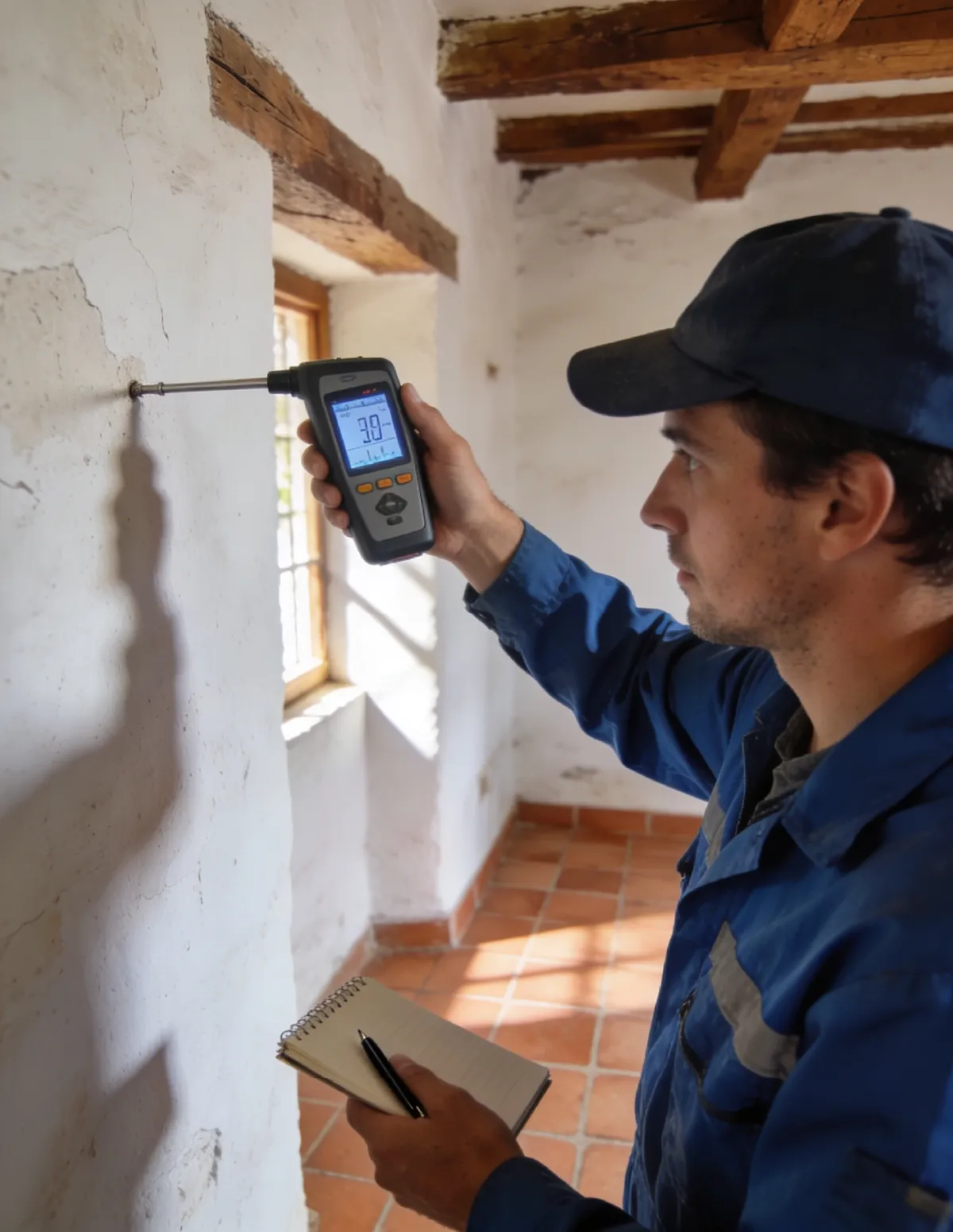 Técnico HUMIX midiendo la humedad de un muro antiguo en Madridejos